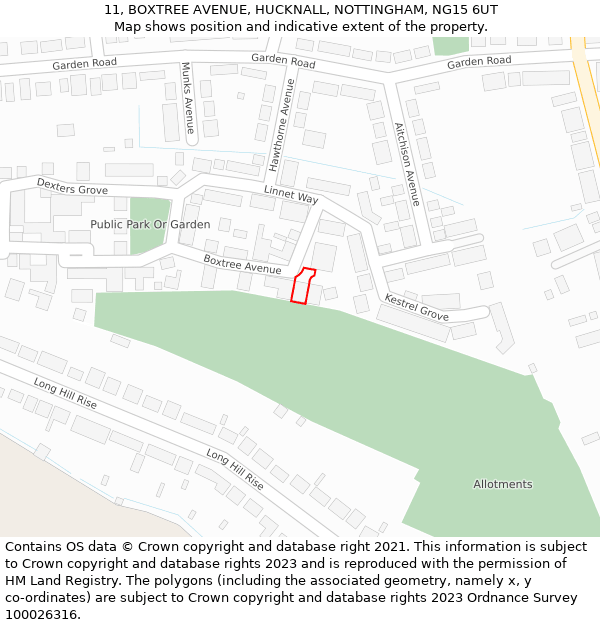 11, BOXTREE AVENUE, HUCKNALL, NOTTINGHAM, NG15 6UT: Location map and indicative extent of plot