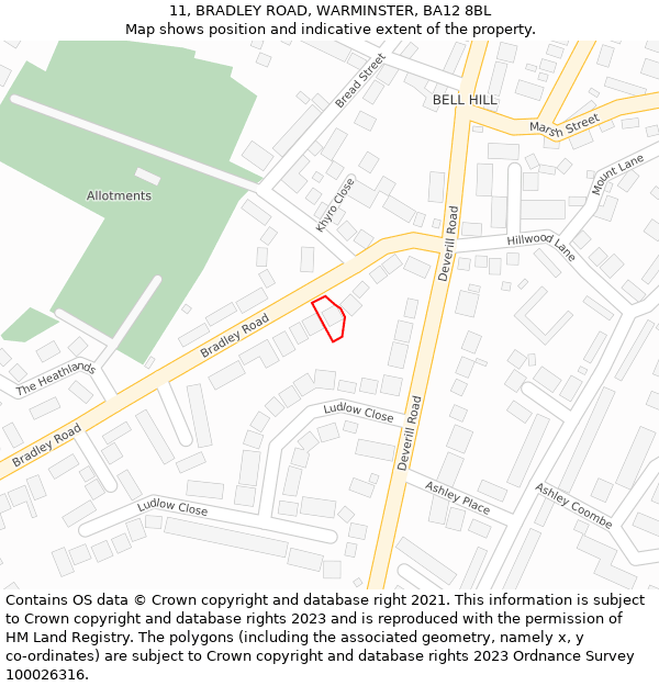 11, BRADLEY ROAD, WARMINSTER, BA12 8BL: Location map and indicative extent of plot