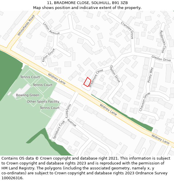 11, BRADMORE CLOSE, SOLIHULL, B91 3ZB: Location map and indicative extent of plot