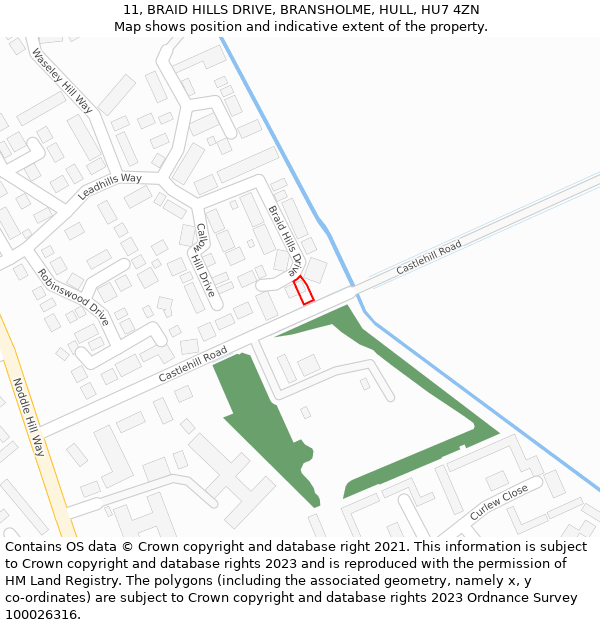 11, BRAID HILLS DRIVE, BRANSHOLME, HULL, HU7 4ZN: Location map and indicative extent of plot