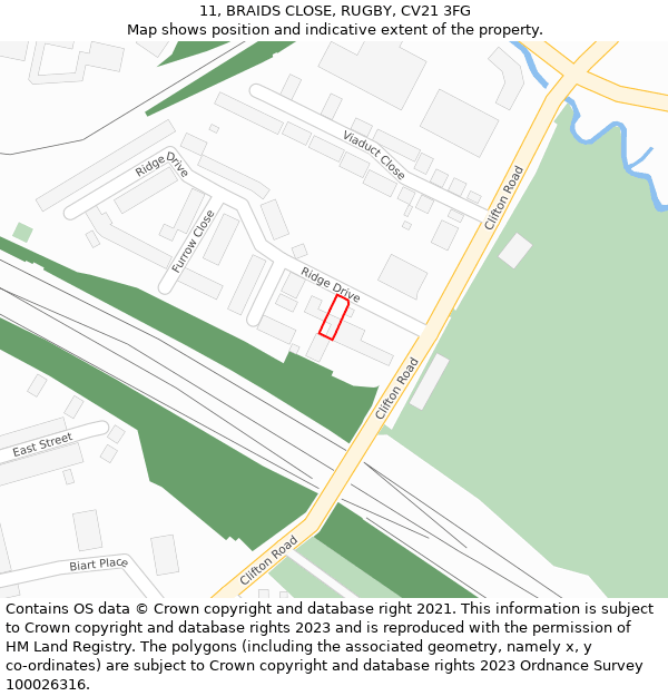 11, BRAIDS CLOSE, RUGBY, CV21 3FG: Location map and indicative extent of plot