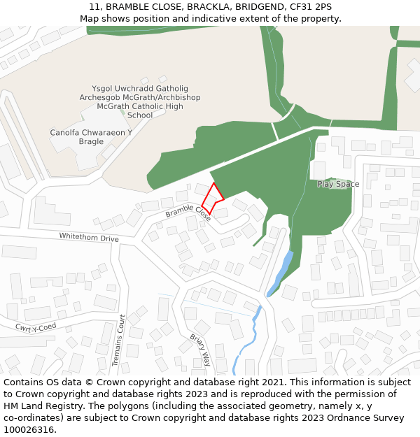 11, BRAMBLE CLOSE, BRACKLA, BRIDGEND, CF31 2PS: Location map and indicative extent of plot