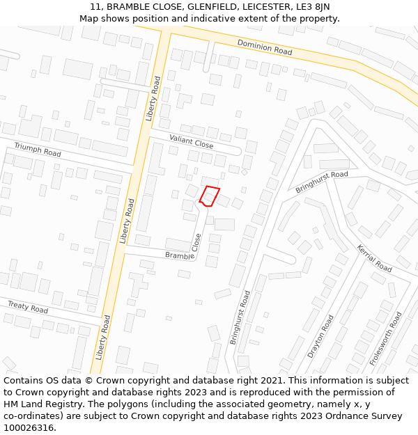 11, BRAMBLE CLOSE, GLENFIELD, LEICESTER, LE3 8JN: Location map and indicative extent of plot