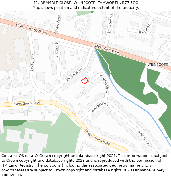 11, BRAMBLE CLOSE, WILNECOTE, TAMWORTH, B77 5GG: Location map and indicative extent of plot