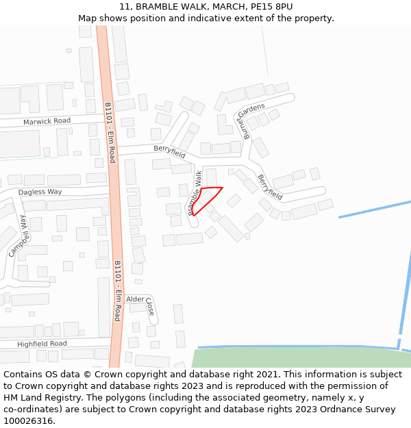 11, BRAMBLE WALK, MARCH, PE15 8PU: Location map and indicative extent of plot