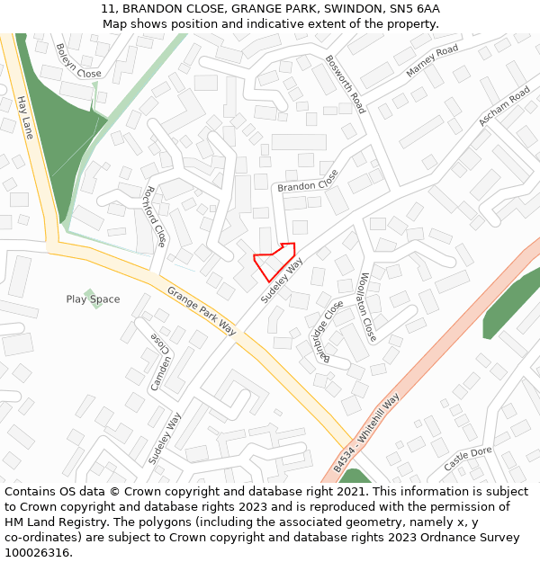 11, BRANDON CLOSE, GRANGE PARK, SWINDON, SN5 6AA: Location map and indicative extent of plot