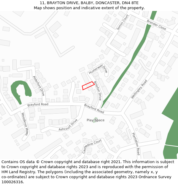 11, BRAYTON DRIVE, BALBY, DONCASTER, DN4 8TE: Location map and indicative extent of plot