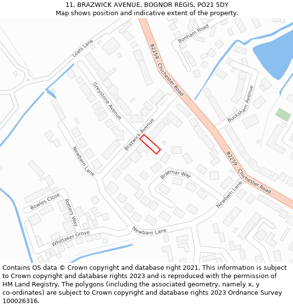 11, BRAZWICK AVENUE, BOGNOR REGIS, PO21 5DY: Location map and indicative extent of plot