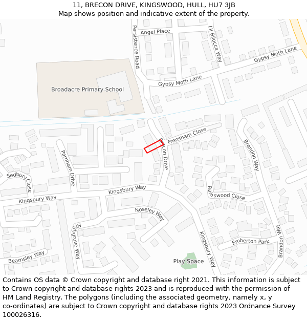 11, BRECON DRIVE, KINGSWOOD, HULL, HU7 3JB: Location map and indicative extent of plot