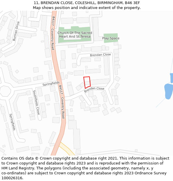 11, BRENDAN CLOSE, COLESHILL, BIRMINGHAM, B46 3EF: Location map and indicative extent of plot
