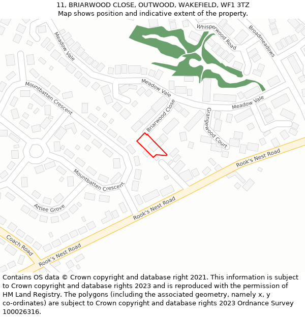 11, BRIARWOOD CLOSE, OUTWOOD, WAKEFIELD, WF1 3TZ: Location map and indicative extent of plot