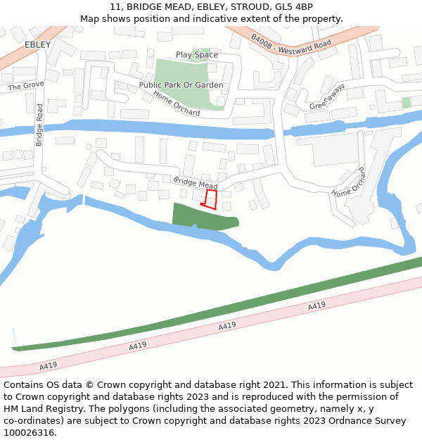 11, BRIDGE MEAD, EBLEY, STROUD, GL5 4BP: Location map and indicative extent of plot