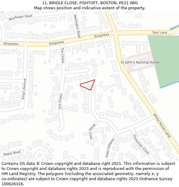 11, BRIDLE CLOSE, FISHTOFT, BOSTON, PE21 0BG: Location map and indicative extent of plot