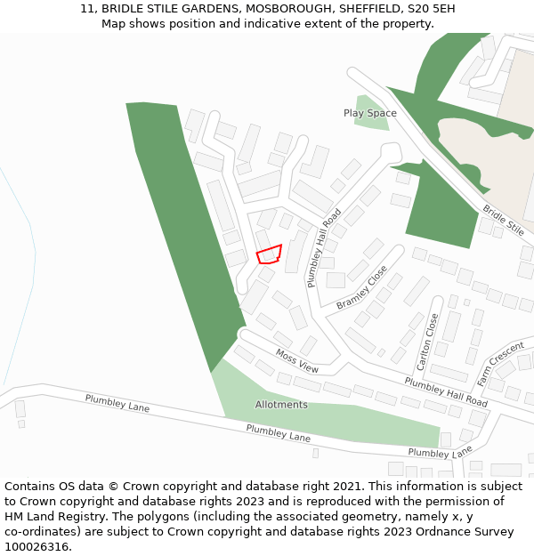 11, BRIDLE STILE GARDENS, MOSBOROUGH, SHEFFIELD, S20 5EH: Location map and indicative extent of plot