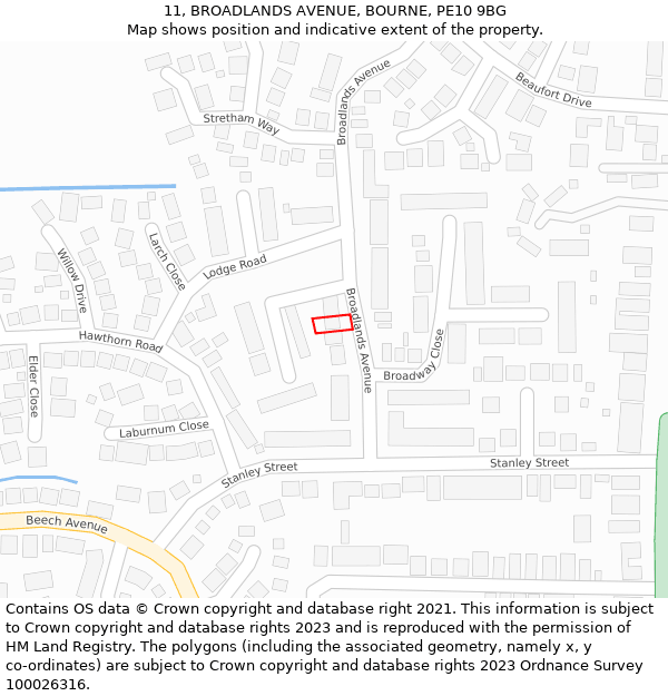 11, BROADLANDS AVENUE, BOURNE, PE10 9BG: Location map and indicative extent of plot