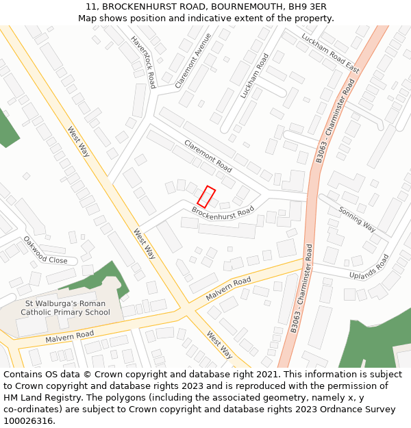 11, BROCKENHURST ROAD, BOURNEMOUTH, BH9 3ER: Location map and indicative extent of plot