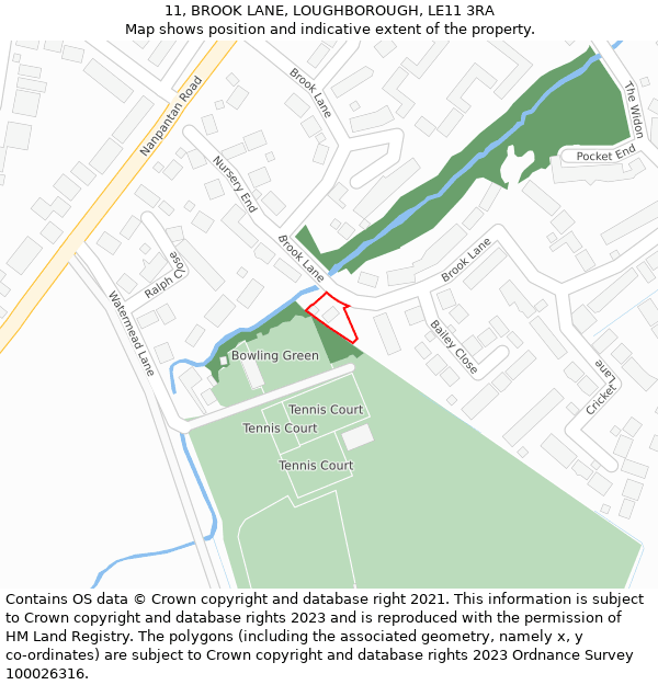 11, BROOK LANE, LOUGHBOROUGH, LE11 3RA: Location map and indicative extent of plot