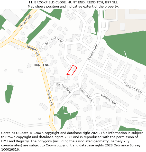 11, BROOKFIELD CLOSE, HUNT END, REDDITCH, B97 5LL: Location map and indicative extent of plot