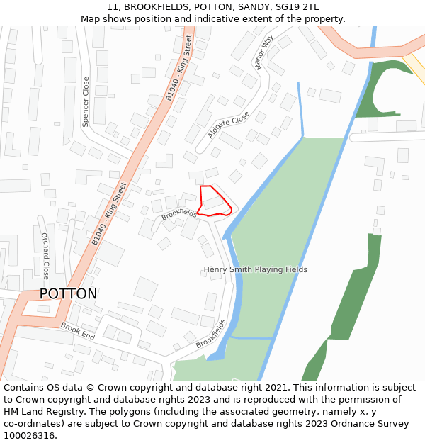 11, BROOKFIELDS, POTTON, SANDY, SG19 2TL: Location map and indicative extent of plot