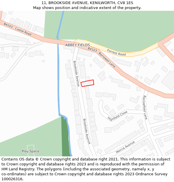 11, BROOKSIDE AVENUE, KENILWORTH, CV8 1ES: Location map and indicative extent of plot