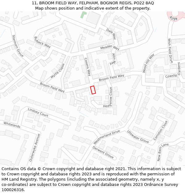 11, BROOM FIELD WAY, FELPHAM, BOGNOR REGIS, PO22 8AQ: Location map and indicative extent of plot