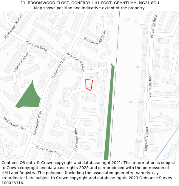 11, BROOMWOOD CLOSE, GONERBY HILL FOOT, GRANTHAM, NG31 8GU: Location map and indicative extent of plot