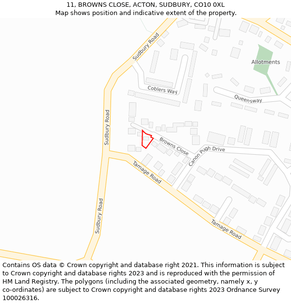 11, BROWNS CLOSE, ACTON, SUDBURY, CO10 0XL: Location map and indicative extent of plot