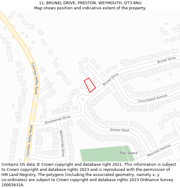11, BRUNEL DRIVE, PRESTON, WEYMOUTH, DT3 6NU: Location map and indicative extent of plot