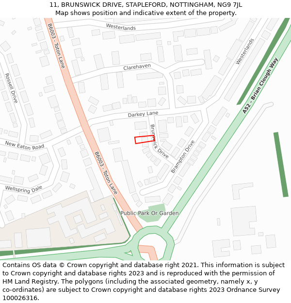 11, BRUNSWICK DRIVE, STAPLEFORD, NOTTINGHAM, NG9 7JL: Location map and indicative extent of plot