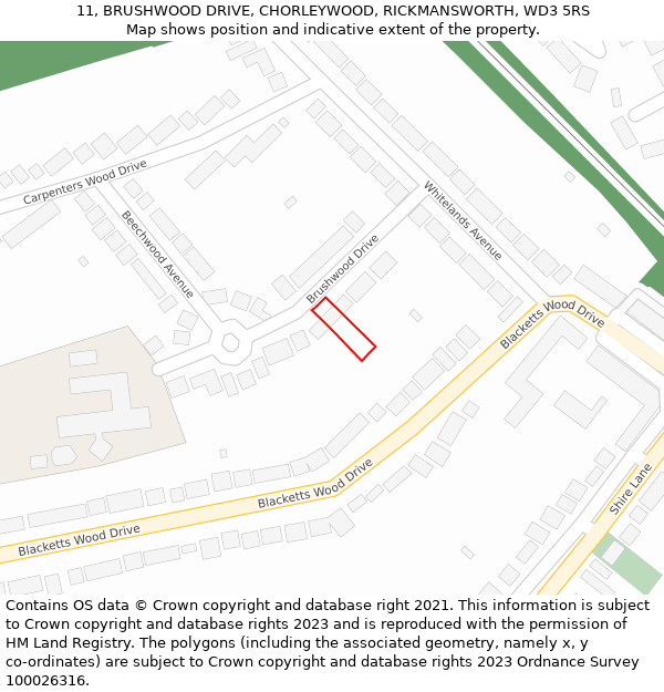 11, BRUSHWOOD DRIVE, CHORLEYWOOD, RICKMANSWORTH, WD3 5RS: Location map and indicative extent of plot