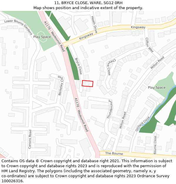 11, BRYCE CLOSE, WARE, SG12 0RH: Location map and indicative extent of plot