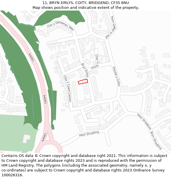 11, BRYN EIRLYS, COITY, BRIDGEND, CF35 6NU: Location map and indicative extent of plot