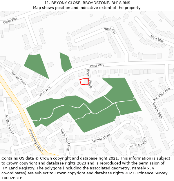 11, BRYONY CLOSE, BROADSTONE, BH18 9NS: Location map and indicative extent of plot