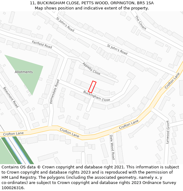 11, BUCKINGHAM CLOSE, PETTS WOOD, ORPINGTON, BR5 1SA: Location map and indicative extent of plot