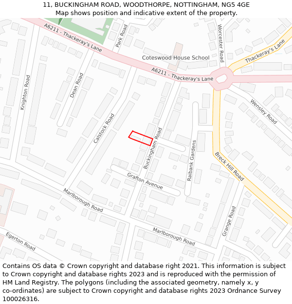 11, BUCKINGHAM ROAD, WOODTHORPE, NOTTINGHAM, NG5 4GE: Location map and indicative extent of plot