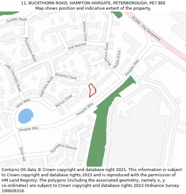 11, BUCKTHORN ROAD, HAMPTON HARGATE, PETERBOROUGH, PE7 8EE: Location map and indicative extent of plot