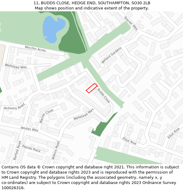 11, BUDDS CLOSE, HEDGE END, SOUTHAMPTON, SO30 2LB: Location map and indicative extent of plot