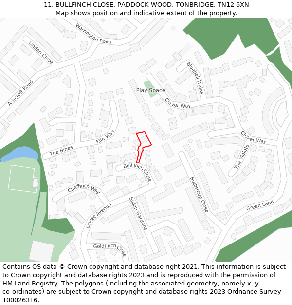 11, BULLFINCH CLOSE, PADDOCK WOOD, TONBRIDGE, TN12 6XN: Location map and indicative extent of plot