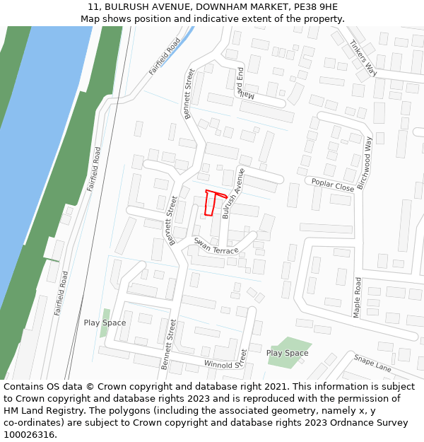 11, BULRUSH AVENUE, DOWNHAM MARKET, PE38 9HE: Location map and indicative extent of plot