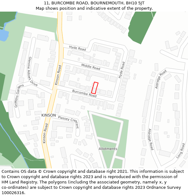 11, BURCOMBE ROAD, BOURNEMOUTH, BH10 5JT: Location map and indicative extent of plot