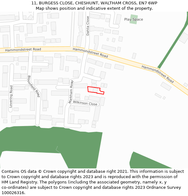 11, BURGESS CLOSE, CHESHUNT, WALTHAM CROSS, EN7 6WP: Location map and indicative extent of plot