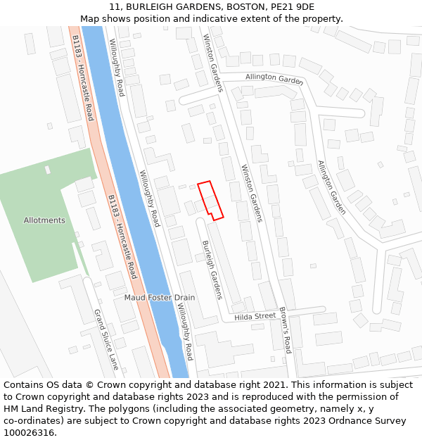 11, BURLEIGH GARDENS, BOSTON, PE21 9DE: Location map and indicative extent of plot