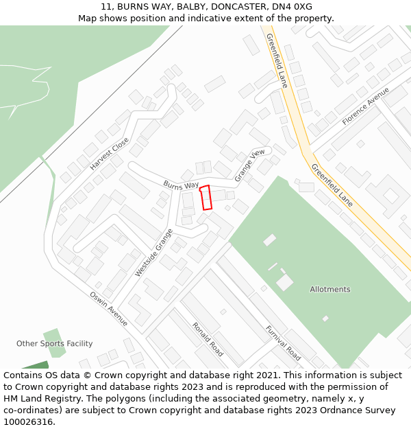 11, BURNS WAY, BALBY, DONCASTER, DN4 0XG: Location map and indicative extent of plot