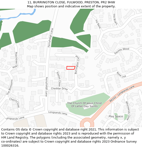 11, BURRINGTON CLOSE, FULWOOD, PRESTON, PR2 9HW: Location map and indicative extent of plot