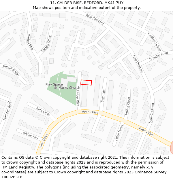 11, CALDER RISE, BEDFORD, MK41 7UY: Location map and indicative extent of plot