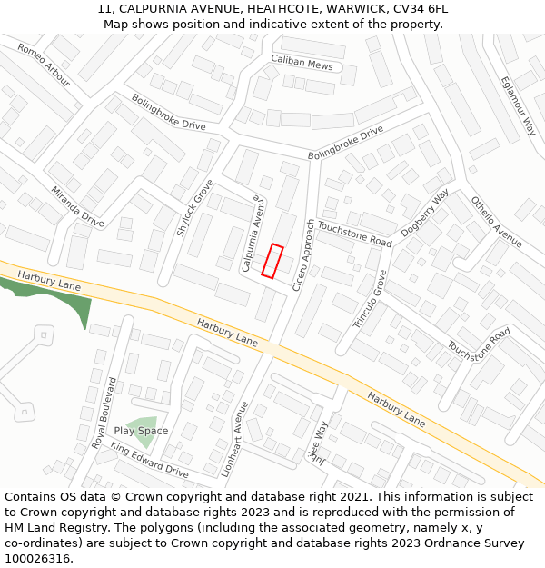 11, CALPURNIA AVENUE, HEATHCOTE, WARWICK, CV34 6FL: Location map and indicative extent of plot