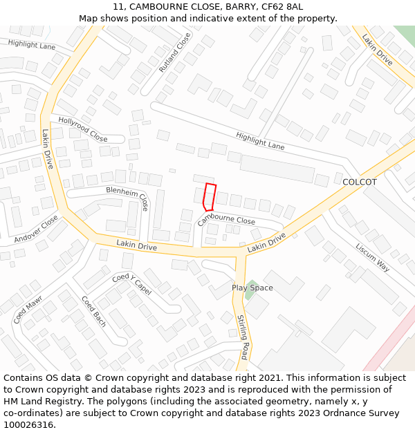 11, CAMBOURNE CLOSE, BARRY, CF62 8AL: Location map and indicative extent of plot