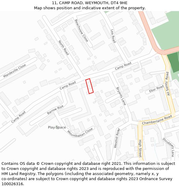 11, CAMP ROAD, WEYMOUTH, DT4 9HE: Location map and indicative extent of plot