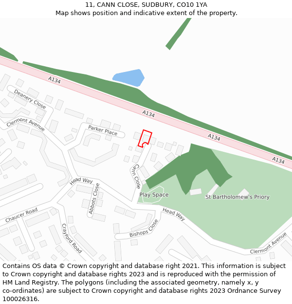 11, CANN CLOSE, SUDBURY, CO10 1YA: Location map and indicative extent of plot