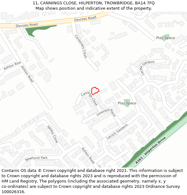 11, CANNINGS CLOSE, HILPERTON, TROWBRIDGE, BA14 7FQ: Location map and indicative extent of plot